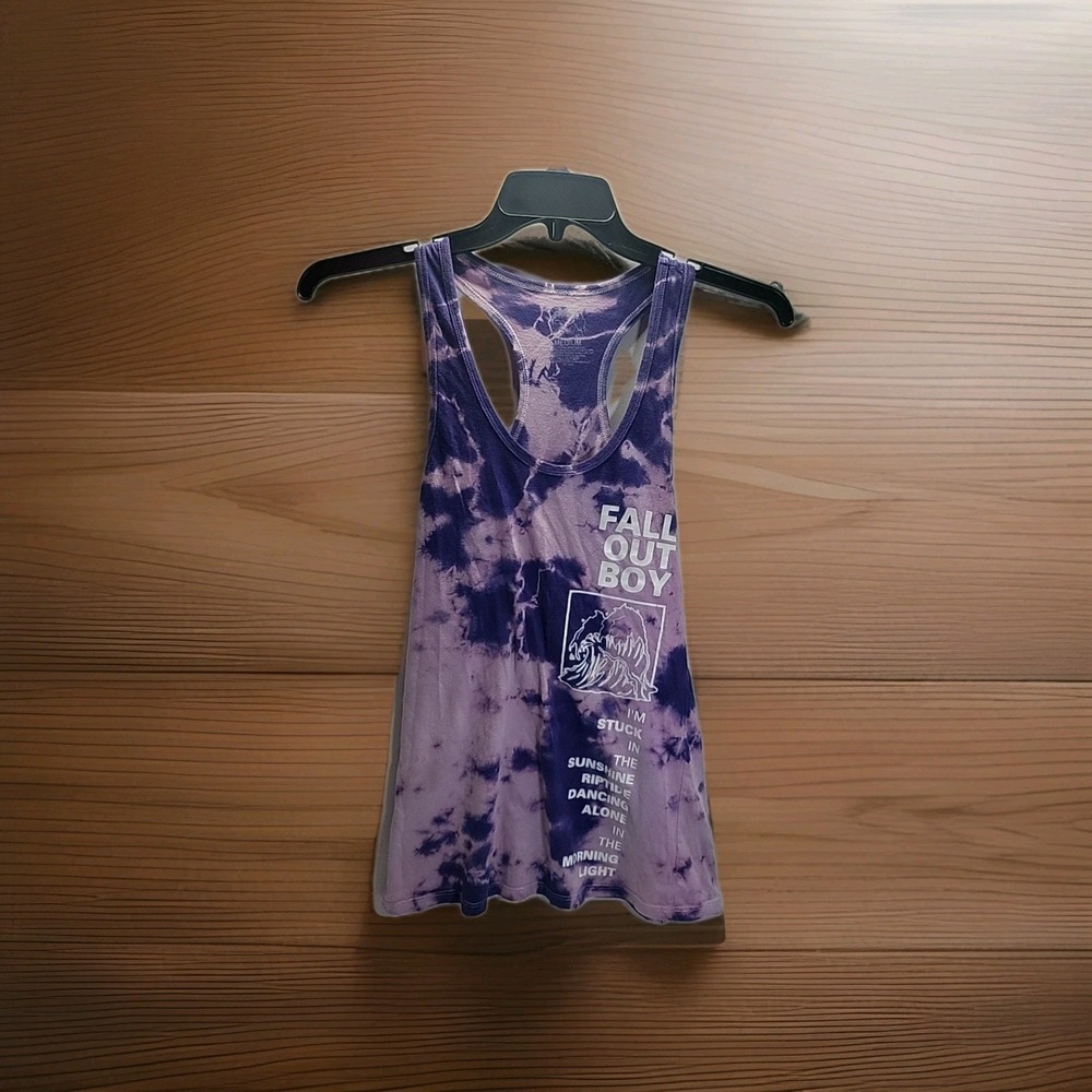 Fall Out Boy Tank Top Womens Medium Purple Blue Tie Dye Racerback Band Graphic